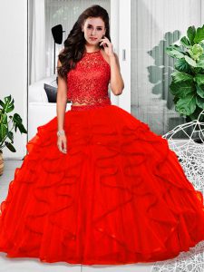 Red Sleeveless Lace and Ruffles Floor Length Quinceanera Dress