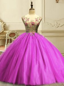Floor Length Fuchsia 15th Birthday Dress Scoop Sleeveless Lace Up