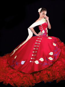 Charming Red Quinceanera Gown Taffeta Brush Train Sleeveless Embroidery and Ruffles