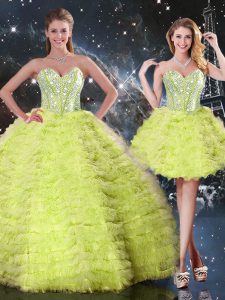 Beautiful Yellow Green Three Pieces Tulle Sweetheart Sleeveless Beading and Ruffles Floor Length Lace Up Sweet 16 Quinceanera Dress