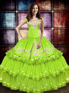 Sleeveless Taffeta Floor Length Lace Up Sweet 16 Quinceanera Dress in Yellow Green with Embroidery and Ruffled Layers