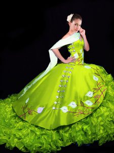 Attractive Yellow Green Lace Up Quinceanera Dress Embroidery and Ruffles Sleeveless Brush Train