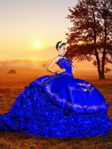 Fine Royal Blue Ball Gown Prom Dress Organza Brush Train Sleeveless Embroidery and Ruffles