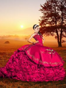 Fashionable Brush Train Ball Gowns Quince Ball Gowns Red Sweetheart Organza Sleeveless Lace Up