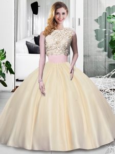 Cheap Champagne Scoop Zipper Lace and Appliques and Ruching Sweet 16 Quinceanera Dress Sleeveless