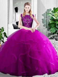 Fabulous Two Pieces Quinceanera Gowns Fuchsia Scoop Tulle Sleeveless Floor Length Zipper