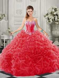 Modern Red Ball Gowns Beading and Ruffles 15th Birthday Dress Lace Up Organza Sleeveless