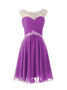Hot Sale Knee Length Purple Prom Dresses Chiffon Cap Sleeves Beading