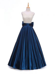 Navy Blue A-line Beading and Bowknot Prom Dress Backless Taffeta Sleeveless Floor Length