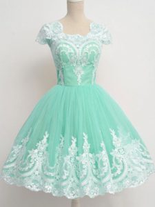 Apple Green Vestidos de Damas Prom and Party and Wedding Party with Lace Square Cap Sleeves Zipper