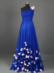 Perfect Royal Blue Sleeveless Beading and Hand Made Flower Floor Length Prom Evening Gown