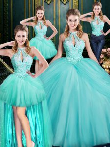 Sleeveless Tulle Floor Length Lace Up Quinceanera Dresses in Aqua Blue with Beading and Pick Ups