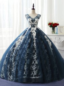 Designer Navy Blue Sleeveless Floor Length Ruffles and Pattern Lace Up Sweet 16 Quinceanera Dress