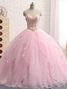Traditional Brush Train Ball Gowns Quince Ball Gowns Baby Pink Spaghetti Straps Tulle Sleeveless Lace Up