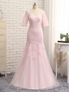 Sophisticated Baby Pink Column/Sheath Lace and Appliques Prom Evening Gown Zipper Tulle Half Sleeves Floor Length