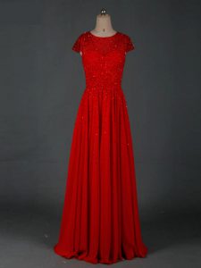 Red Chiffon Zipper Prom Dress Cap Sleeves Floor Length Beading