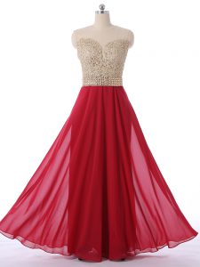 Red Sleeveless Floor Length Beading Zipper Quinceanera Court of Honor Dress