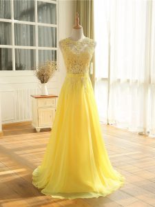 Pretty Yellow Scoop Zipper Lace and Appliques Dress for Prom Sleeveless