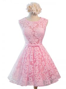 Charming Baby Pink Sleeveless Belt Knee Length Damas Dress