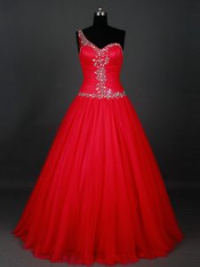 Attractive One Shoulder Sleeveless Prom Evening Gown Floor Length Beading Red Tulle