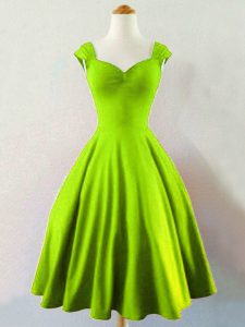 Comfortable Yellow Green A-line Taffeta Straps Sleeveless Ruching Mini Length Lace Up Dama Dress for Quinceanera