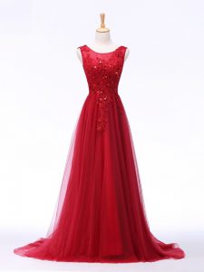 Scoop Sleeveless Evening Dress Brush Train Lace and Appliques Red Tulle