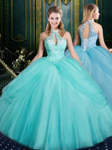 Sleeveless Tulle Floor Length Lace Up 15th Birthday Dress in Aqua Blue with Beading and Pick Ups