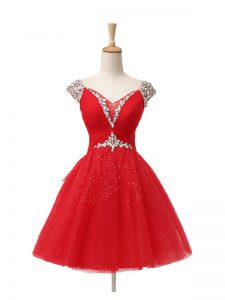 Mini Length Red Homecoming Dress Tulle Cap Sleeves Beading and Sequins