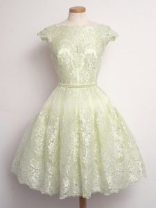 Cheap Light Yellow A-line Scalloped Cap Sleeves Lace Knee Length Lace Up Lace Quinceanera Court Dresses