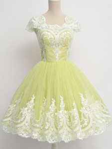 Admirable Knee Length Yellow Green Quinceanera Court Dresses Square Cap Sleeves Zipper