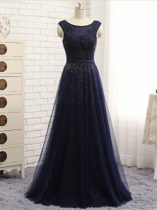 Floor Length Navy Blue Prom Dresses Scoop Sleeveless Zipper