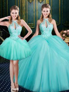 Stylish Aqua Blue Lace Up Quinceanera Dresses Beading and Pick Ups Sleeveless Floor Length