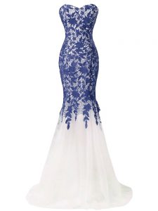 Fabulous Blue And White Prom Dress Tulle Brush Train Sleeveless Beading and Lace and Appliques