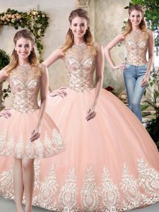 Comfortable Peach Quince Ball Gowns Prom and Party and Military Ball and Sweet 16 and Quinceanera with Beading and Lace and Appliques High-neck Sleeveless Backless
