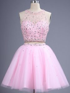 Beading and Lace Court Dresses for Sweet 16 Pink Zipper Sleeveless Knee Length