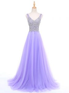Floor Length Lavender Evening Dress Tulle Sleeveless Beading