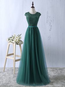 Scoop Short Sleeves Homecoming Dress Floor Length Lace Dark Green Tulle