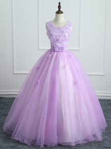 Artistic Organza Scoop Sleeveless Lace Up Lace and Appliques and Bowknot Vestidos de Quinceanera in Lavender