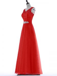 Captivating Red V-neck Zipper Beading and Lace Prom Gown Sleeveless