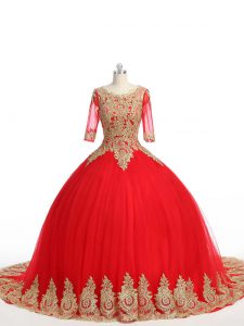 Red Quinceanera Dress Military Ball and Sweet 16 and Quinceanera with Lace and Appliques Scoop Half Sleeves Brush Train Zipper