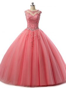 Watermelon Red Ball Gowns Tulle Scoop Sleeveless Beading and Lace Floor Length Lace Up Sweet 16 Dresses