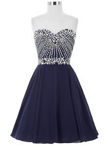 Fabulous Navy Blue A-line Chiffon Sweetheart Sleeveless Beading Mini Length Lace Up Prom Gown