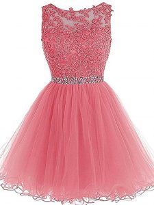 Gorgeous Beading and Lace and Appliques and Ruffles Prom Gown Pink Zipper Sleeveless Mini Length