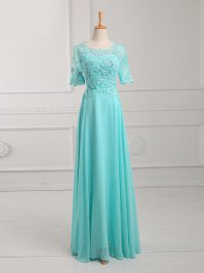 Half Sleeves Chiffon Floor Length Zipper Prom Dress in Aqua Blue with Lace and Appliques
