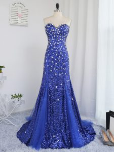Royal Blue Dress for Prom Tulle and Sequined Sleeveless Beading and Sequins
