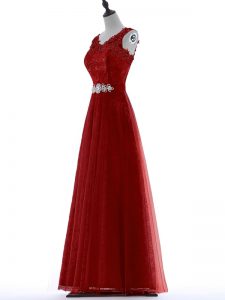 Tulle V-neck Short Sleeves Zipper Beading and Lace Prom Evening Gown in Red