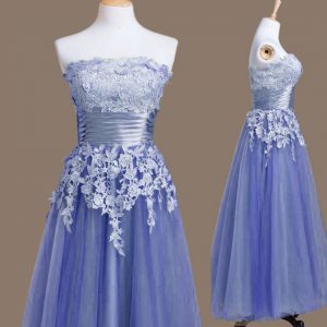 Strapless Sleeveless Lace Up Quinceanera Court of Honor Dress Lavender Tulle