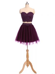 Low Price Dark Purple Two Pieces Tulle Sweetheart Sleeveless Beading and Appliques Mini Length Zipper Evening Dress