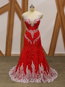 Modest Red Zipper Homecoming Dress Beading and Lace and Appliques Cap Sleeves Brush Train