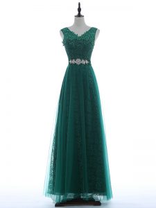 Custom Design Floor Length Green Homecoming Dress V-neck Sleeveless Zipper